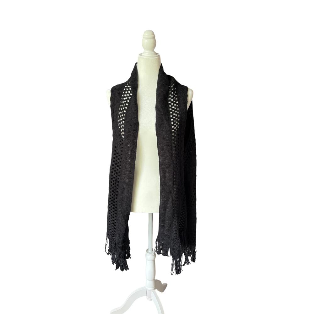 Arianna Boho Black Fringe Open Knit Festival Vest OS Biker Goth Coastal Cowgirl